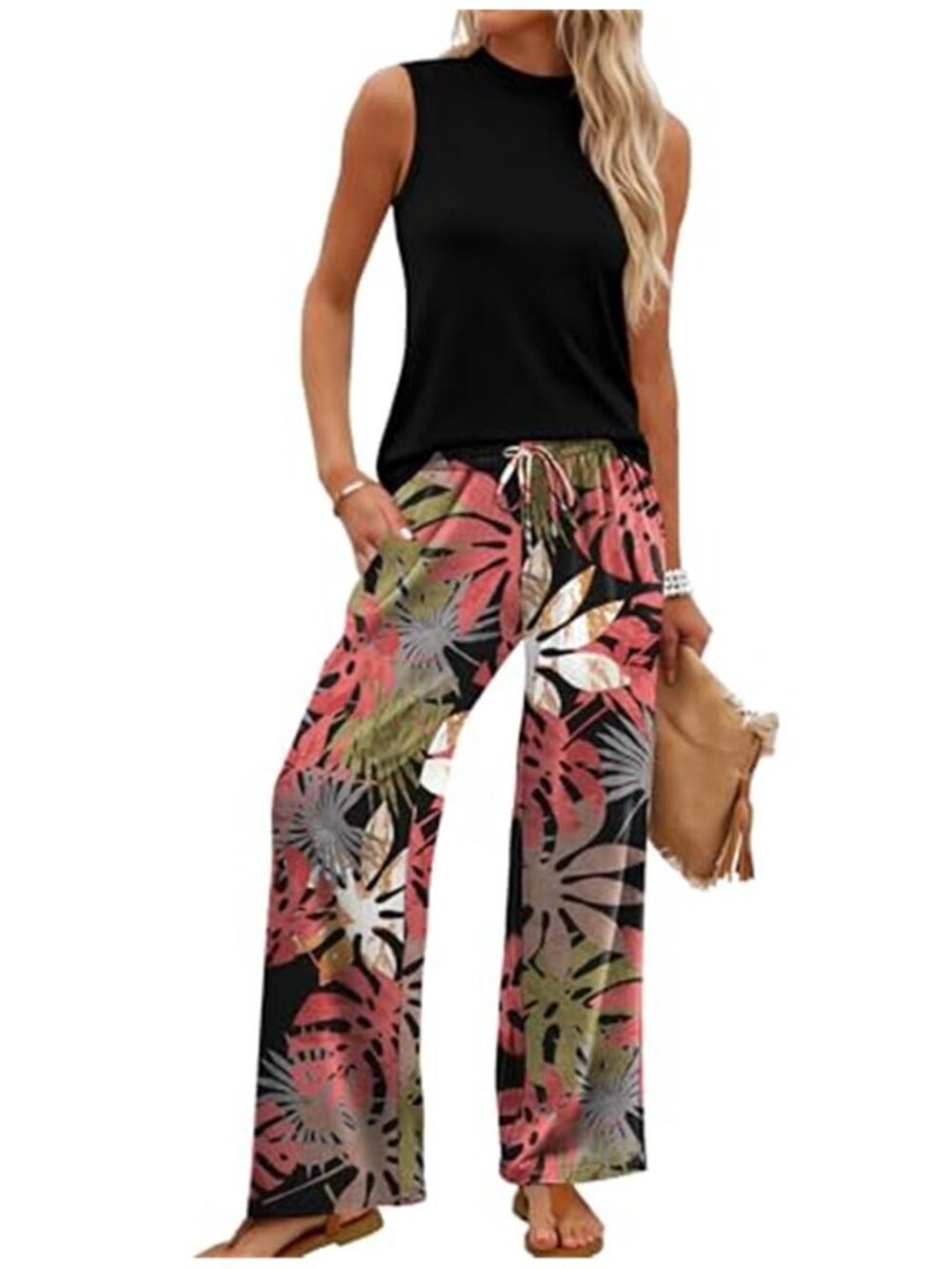 WIHOLL Tropical Wide Leg Pant Set Women Mock Neck Travel Vacation Beach Outfit